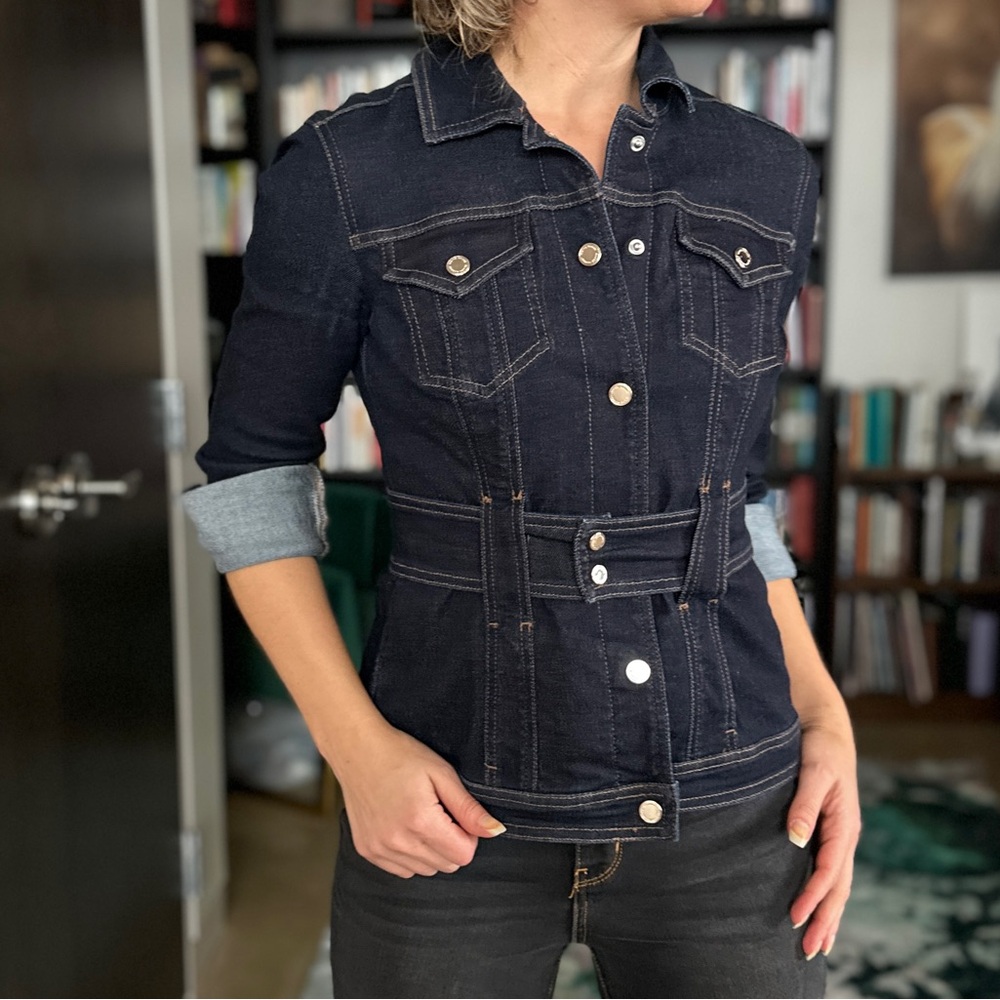 WHBM Dark Blue stretch denim jacket with belt